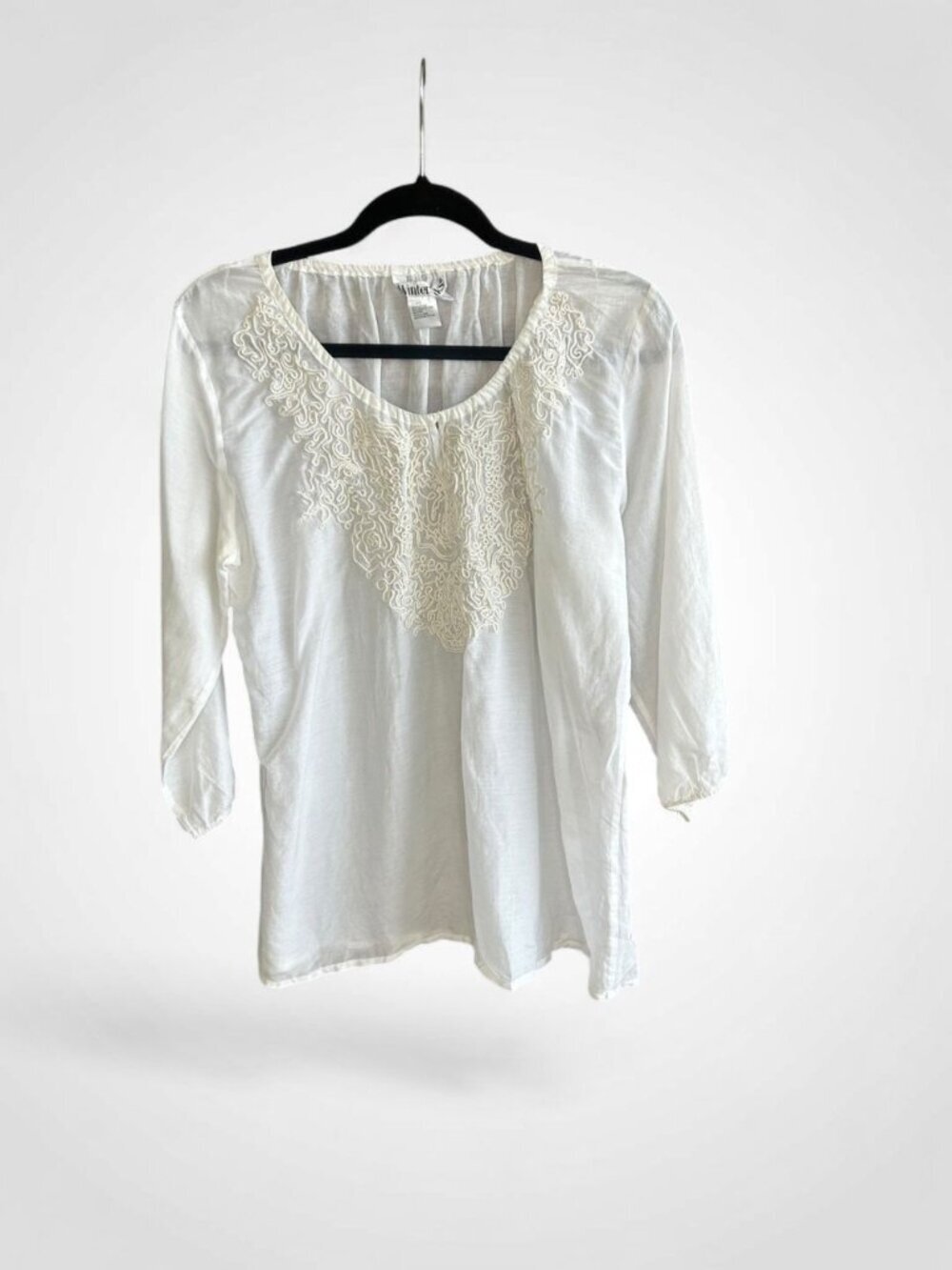WinterSilks White Embroidered Silk Cotton Peasant Blouse Whimsigoth Size Large